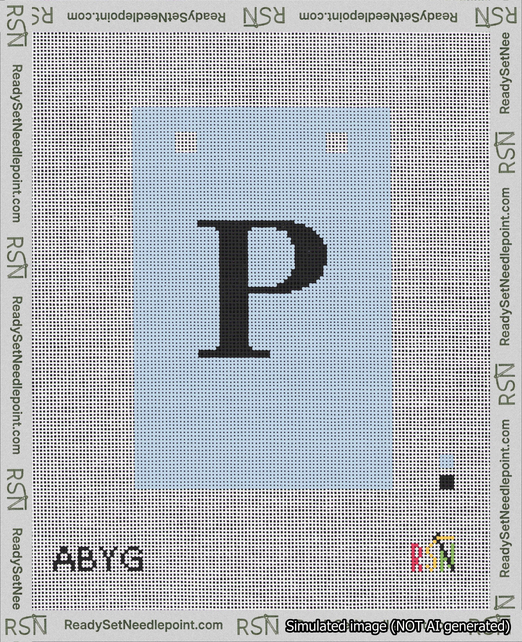 A taped needlepoint canvas with the design: Banner 18 mesh count Squared P Black on Light Blue.