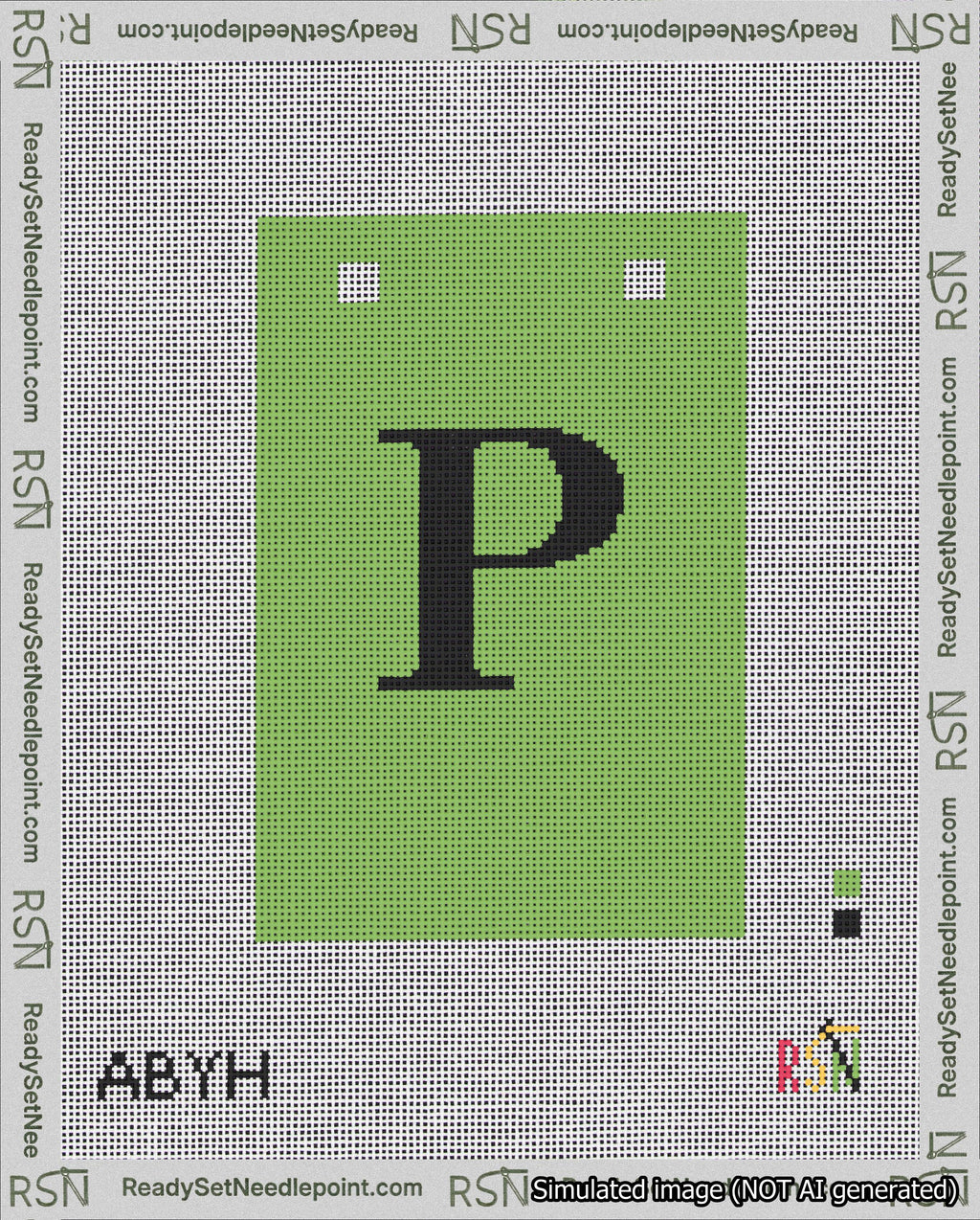 A taped needlepoint canvas with the design: Banner 18 mesh count Squared P Black on Light Green.