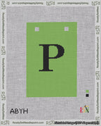 A taped needlepoint canvas with the design: Banner 18 mesh count Squared P Black on Light Green.