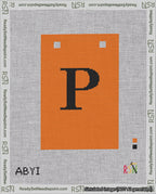 A taped needlepoint canvas with the design: Banner 18 mesh count Squared P Black on Orange.
