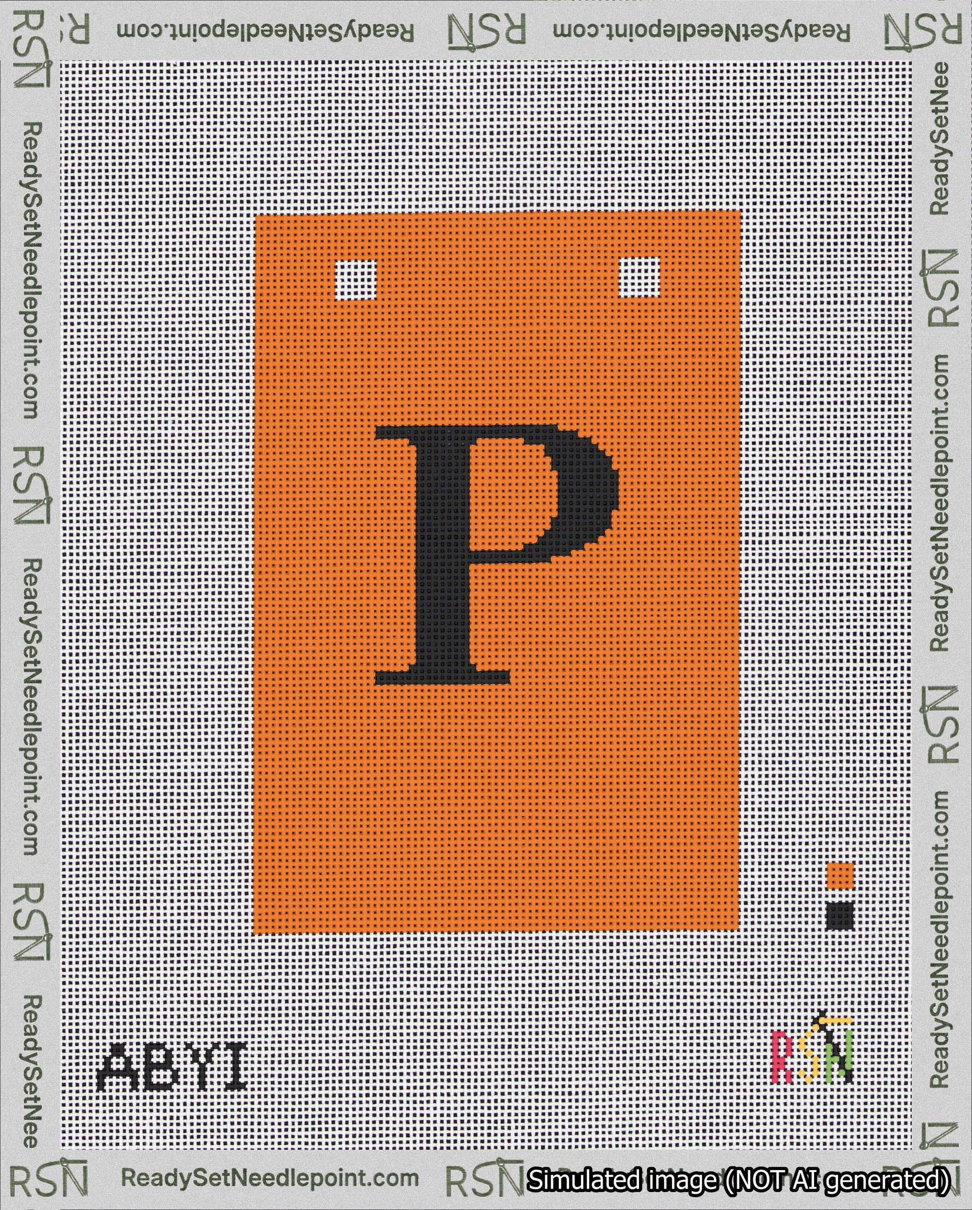 A taped needlepoint canvas with the design: Banner 18 mesh count Squared P Black on Orange.