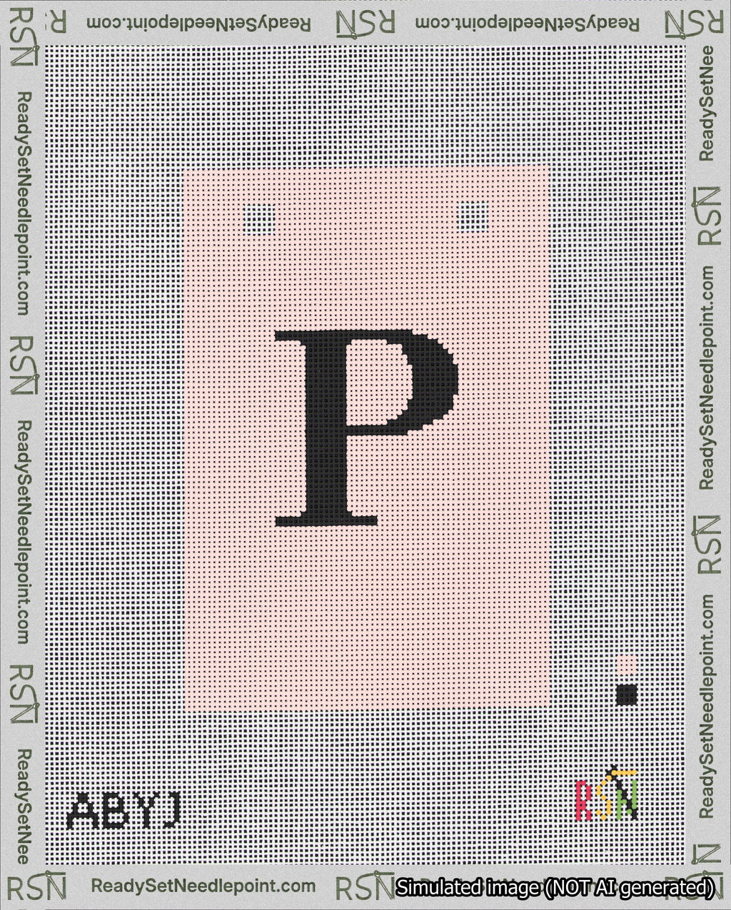 A taped needlepoint canvas with the design: Banner 18 mesh count Squared P Black on Pink.