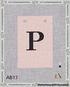 A taped needlepoint canvas with the design: Banner 18 mesh count Squared P Black on Pink.