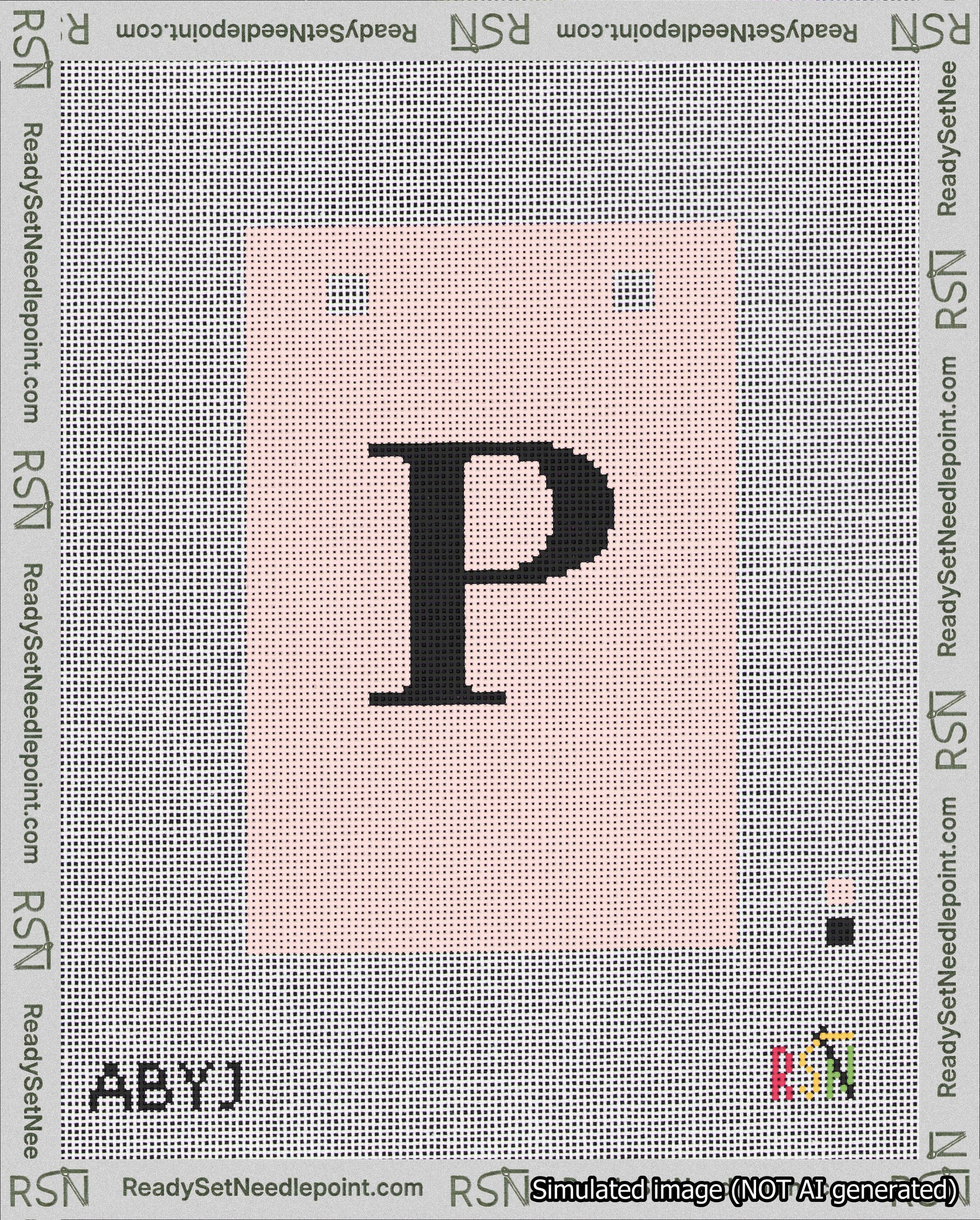 A taped needlepoint canvas with the design: Banner 18 mesh count Squared P Black on Pink.
