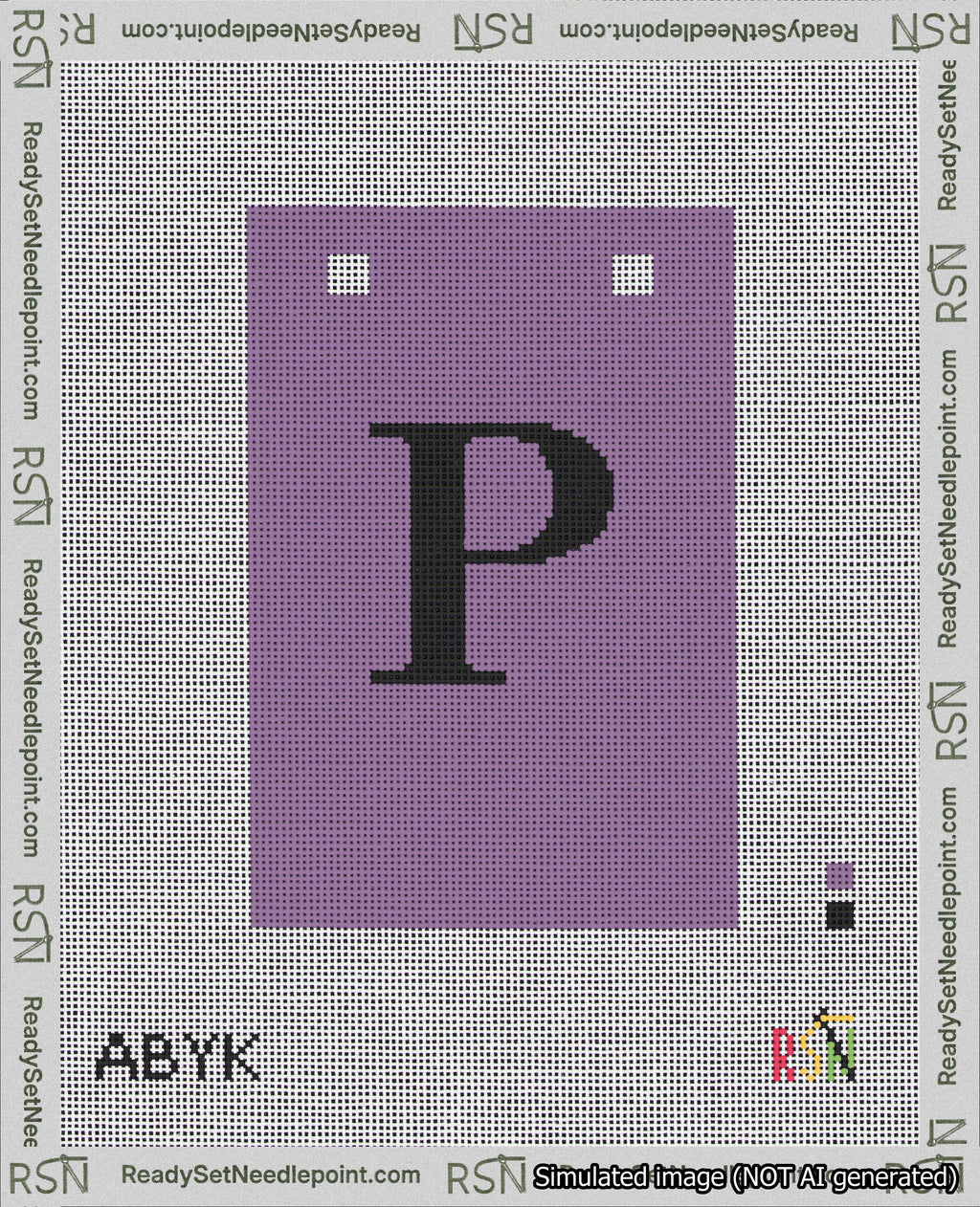 A taped needlepoint canvas with the design: Banner 18 mesh count Squared P Black on Purple.