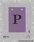A taped needlepoint canvas with the design: Banner 18 mesh count Squared P Black on Purple.