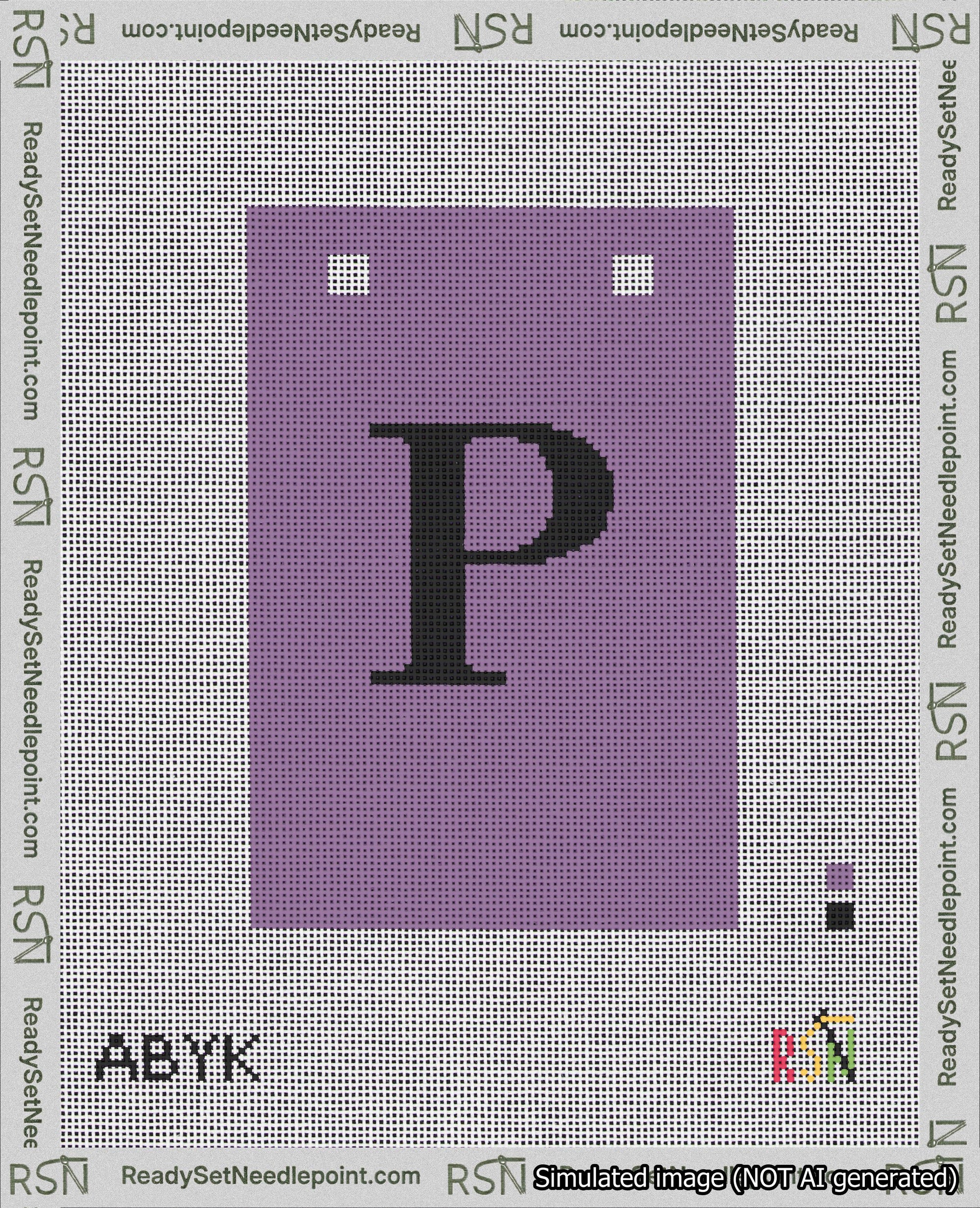 A taped needlepoint canvas with the design: Banner 18 mesh count Squared P Black on Purple.