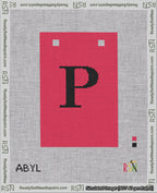 A taped needlepoint canvas with the design: Banner 18 mesh count Squared P Black on Red.