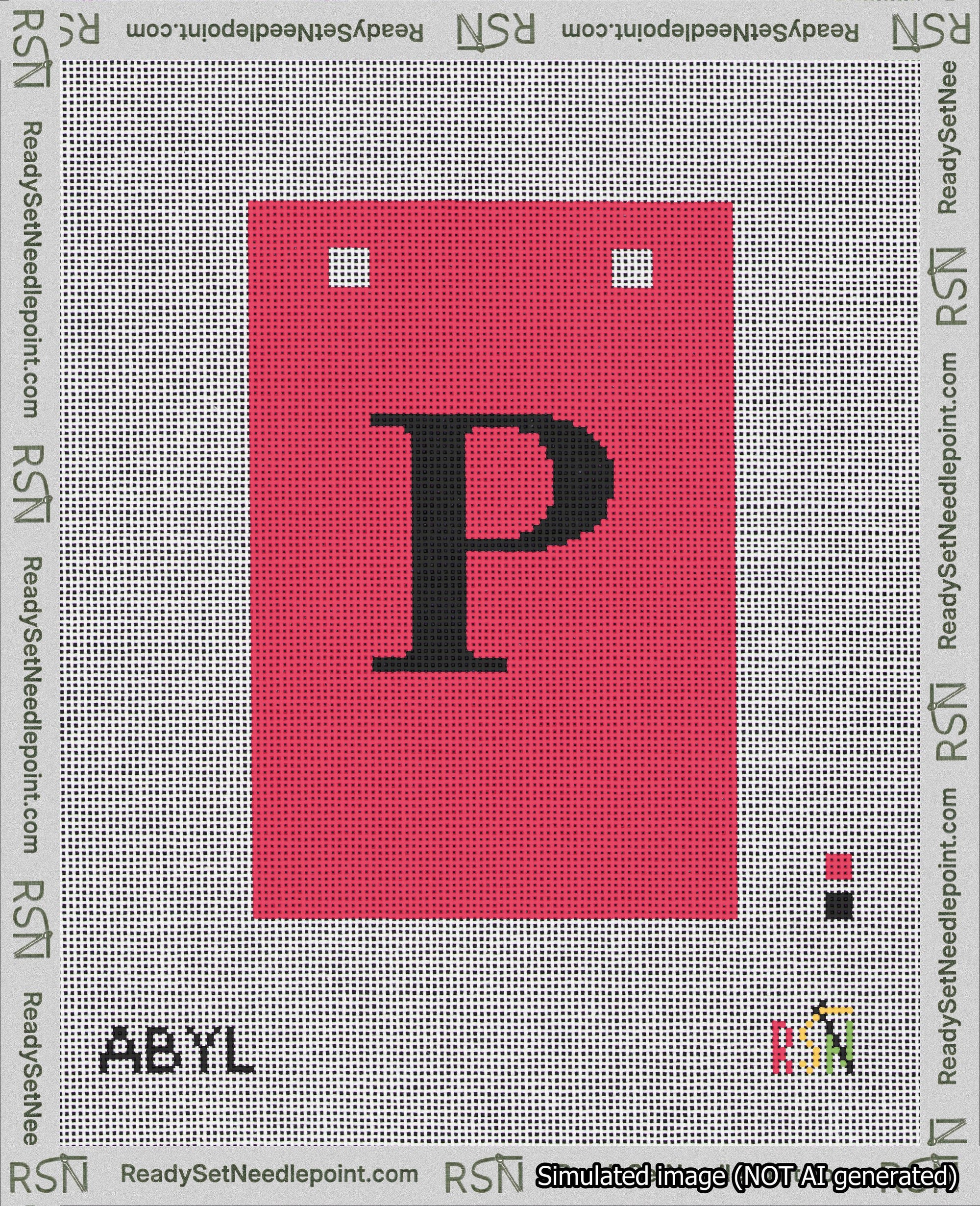 A taped needlepoint canvas with the design: Banner 18 mesh count Squared P Black on Red.