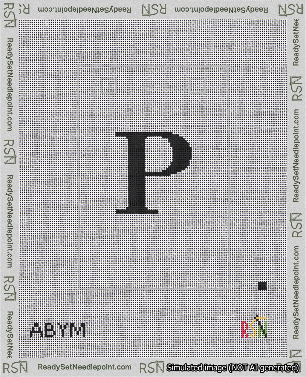 A taped needlepoint canvas with the design: Banner 18 mesh count Squared P Black on White.