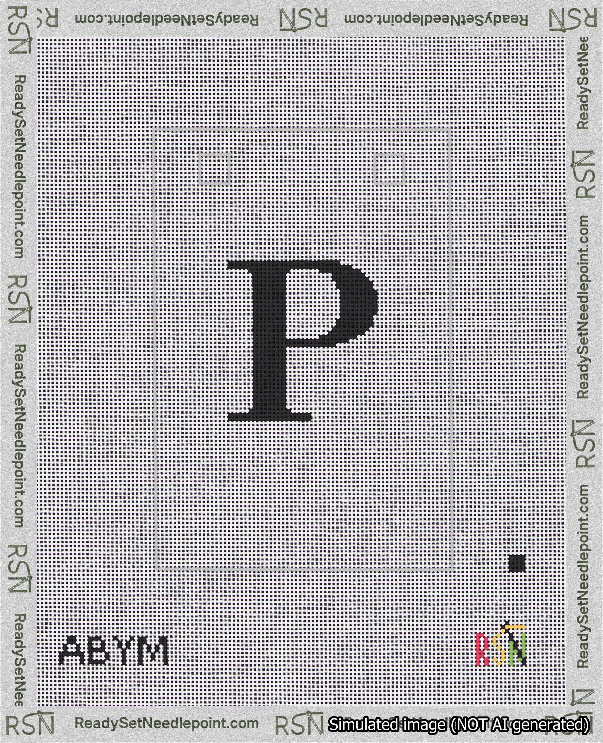 A taped needlepoint canvas with the design: Banner 18 mesh count Squared P Black on White.