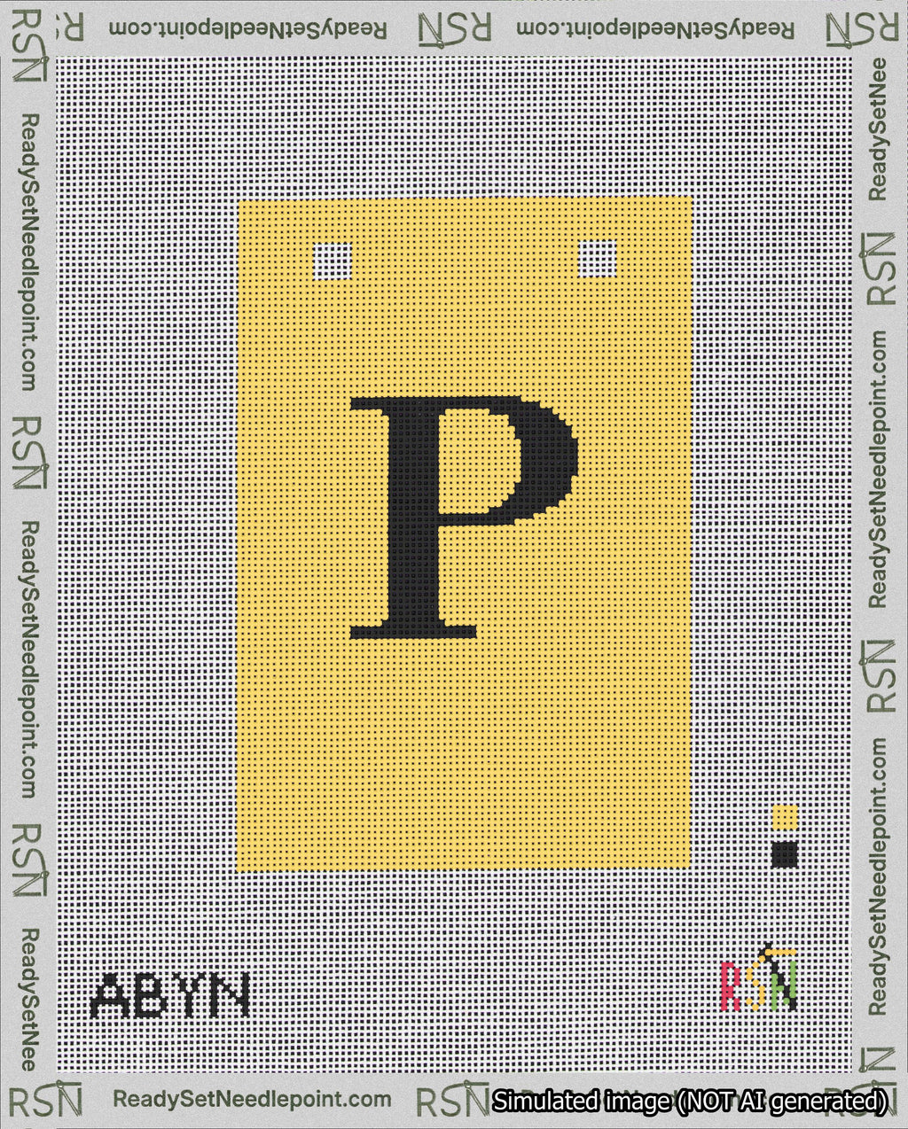 A taped needlepoint canvas with the design: Banner 18 mesh count Squared P Black on Yellow.