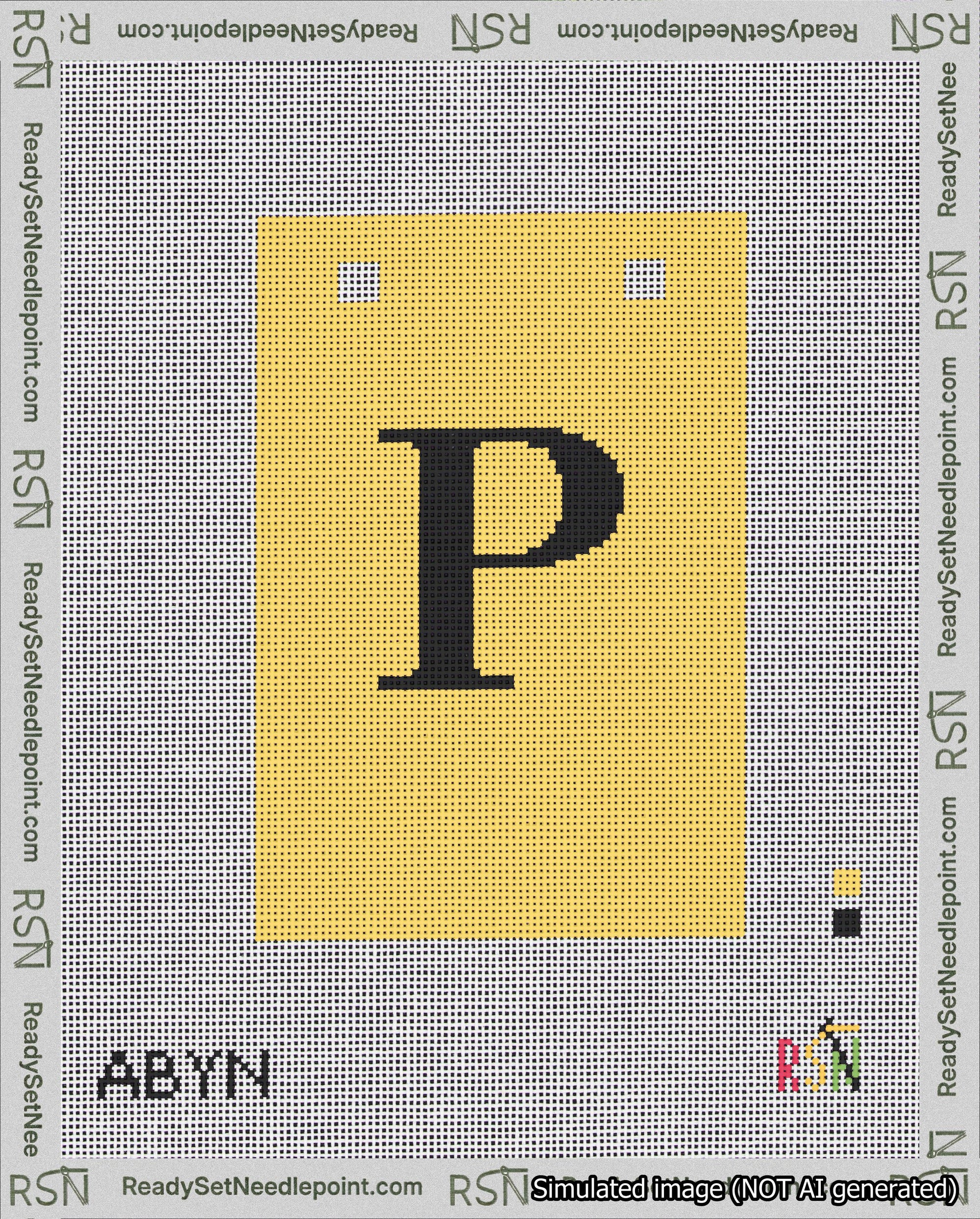 A taped needlepoint canvas with the design: Banner 18 mesh count Squared P Black on Yellow.