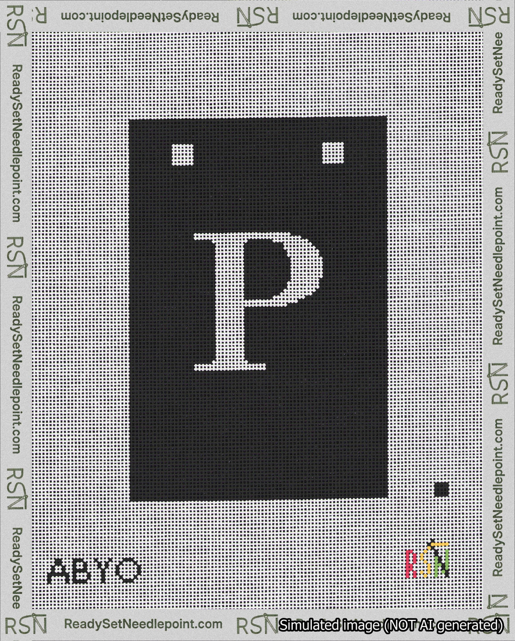 A taped needlepoint canvas with the design: Banner 18 mesh count Squared P White on Black.