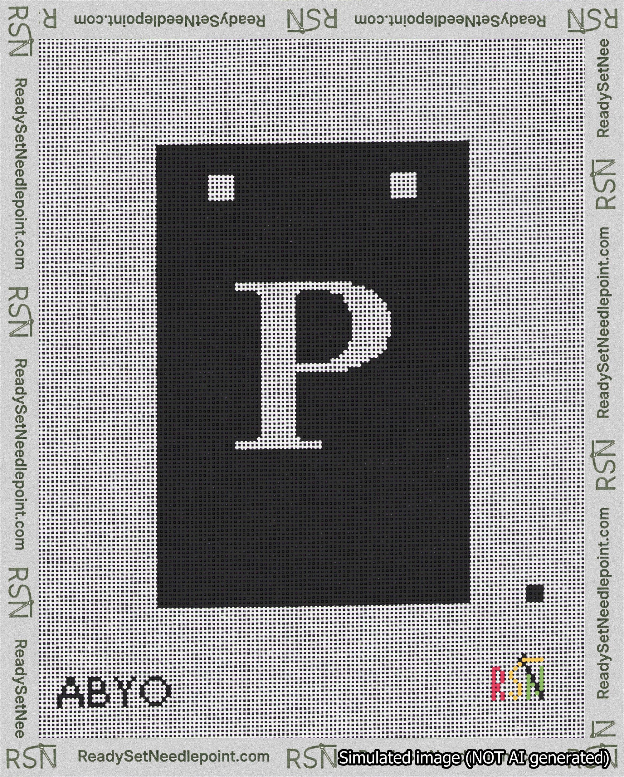 A taped needlepoint canvas with the design: Banner 18 mesh count Squared P White on Black.