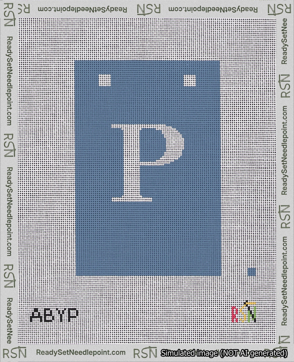 A taped needlepoint canvas with the design: Banner 18 mesh count Squared P White on Blue.
