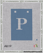 A taped needlepoint canvas with the design: Banner 18 mesh count Squared P White on Blue.