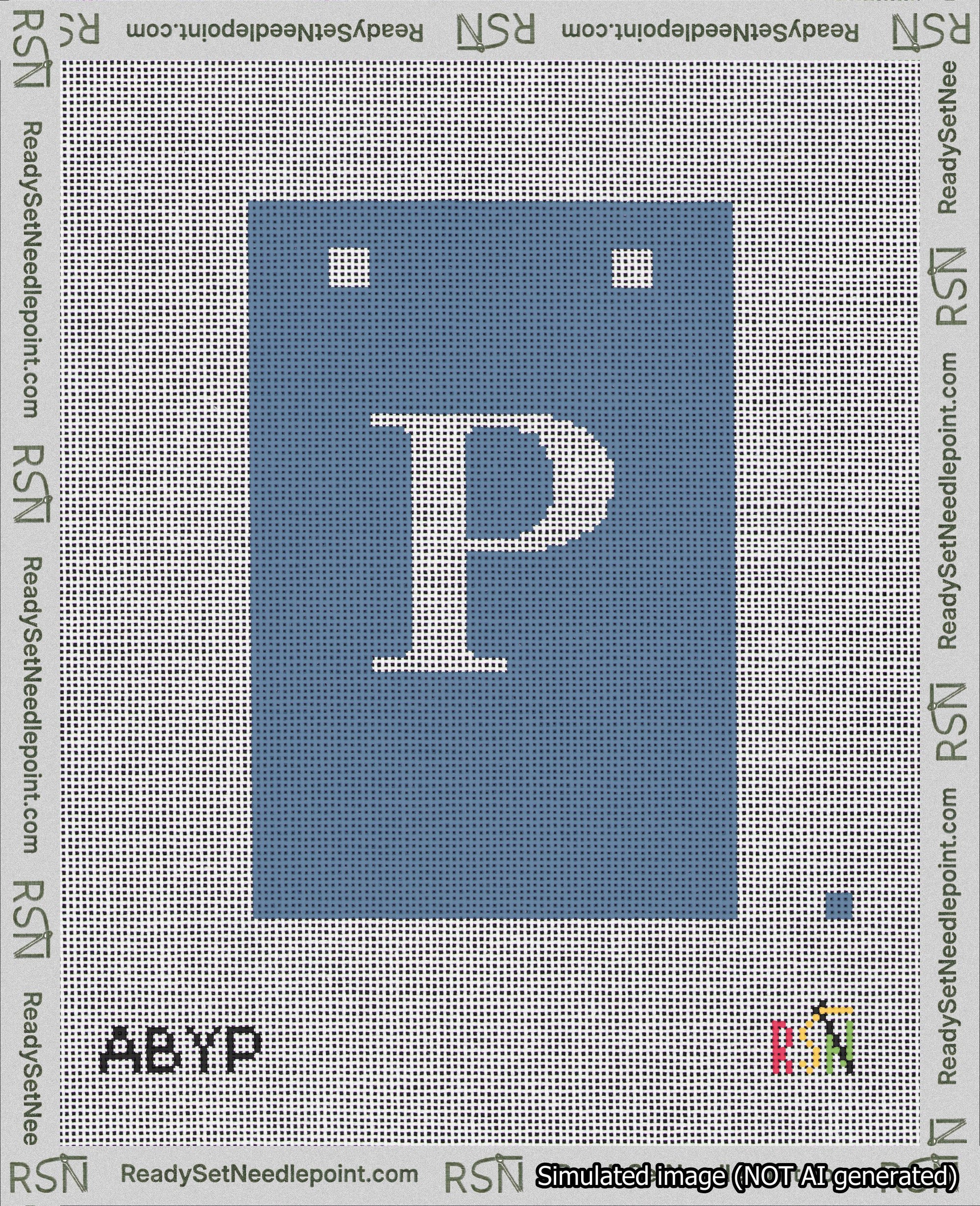 A taped needlepoint canvas with the design: Banner 18 mesh count Squared P White on Blue.