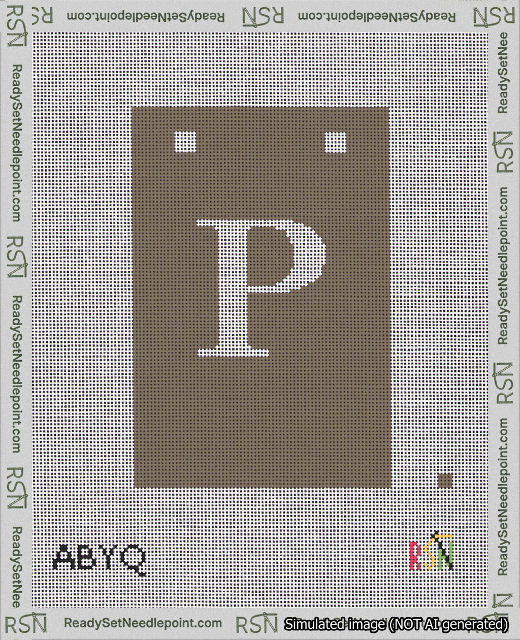 A taped needlepoint canvas with the design: Banner 18 mesh count Squared P White on Brown.