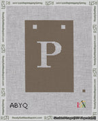 A taped needlepoint canvas with the design: Banner 18 mesh count Squared P White on Brown.