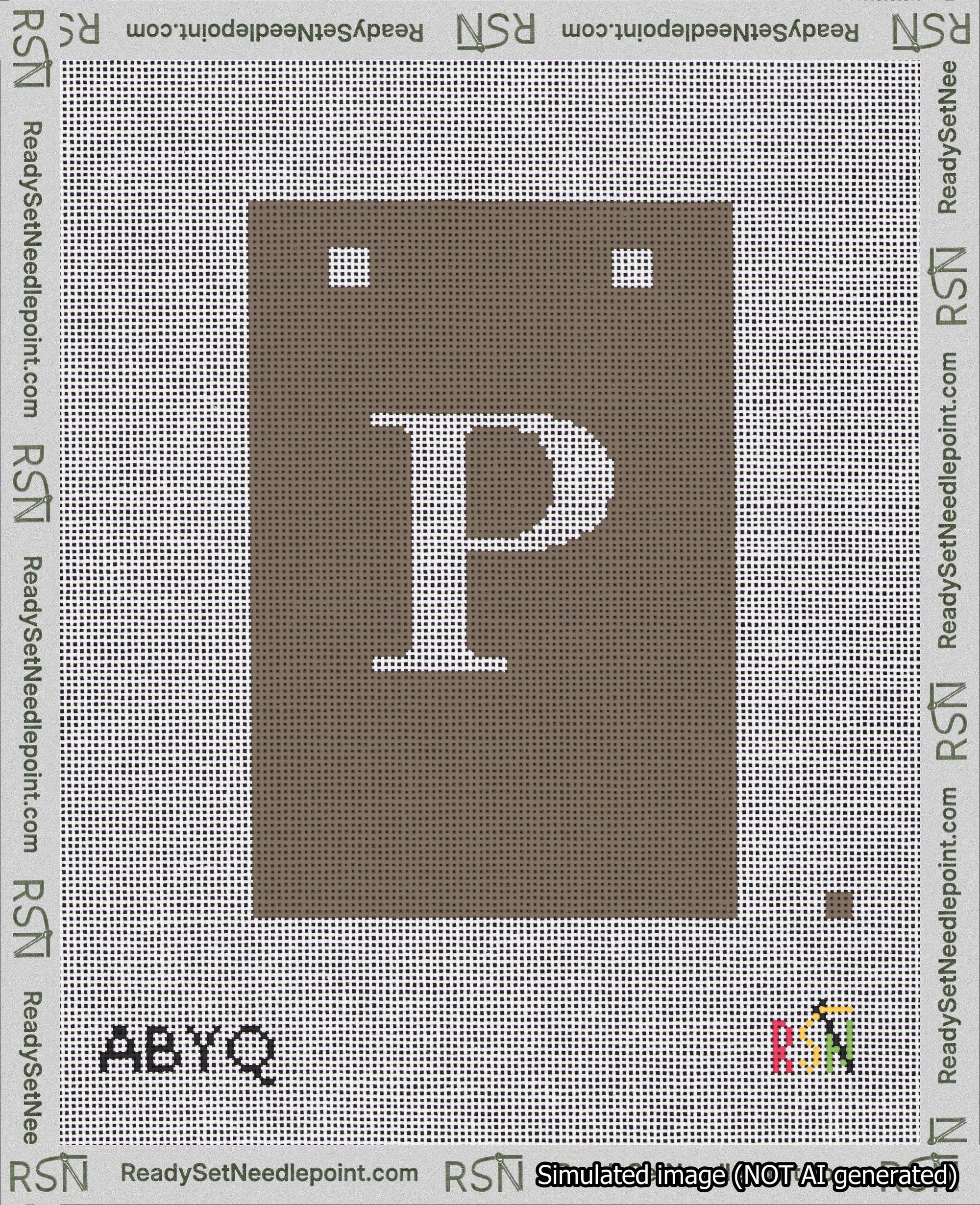 A taped needlepoint canvas with the design: Banner 18 mesh count Squared P White on Brown.