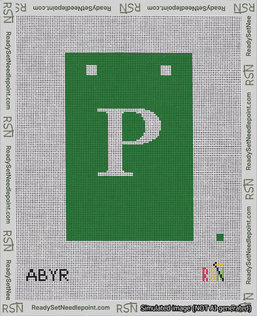 A taped needlepoint canvas with the design: Banner 18 mesh count Squared P White on Green.