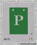 A taped needlepoint canvas with the design: Banner 18 mesh count Squared P White on Green.