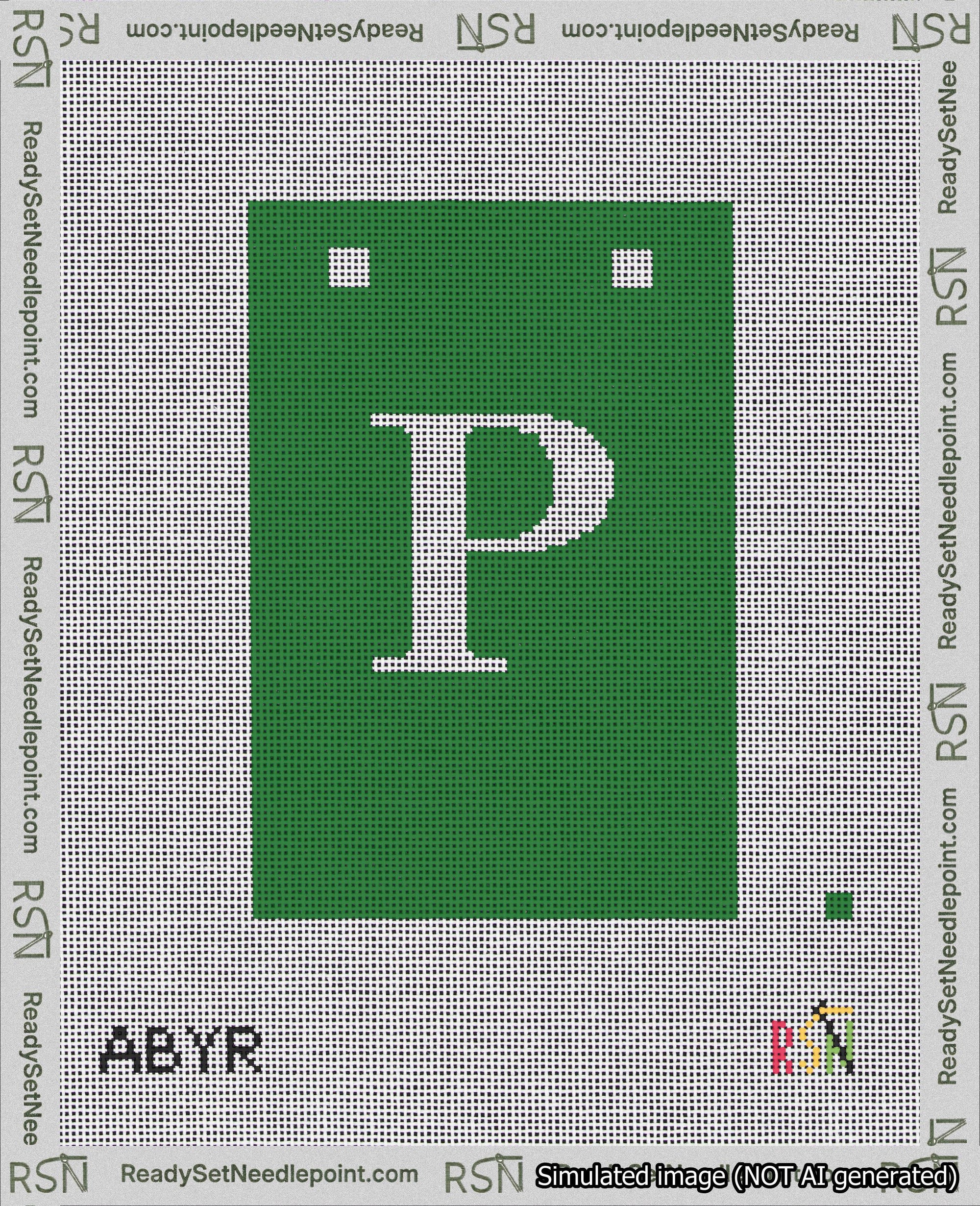 A taped needlepoint canvas with the design: Banner 18 mesh count Squared P White on Green.
