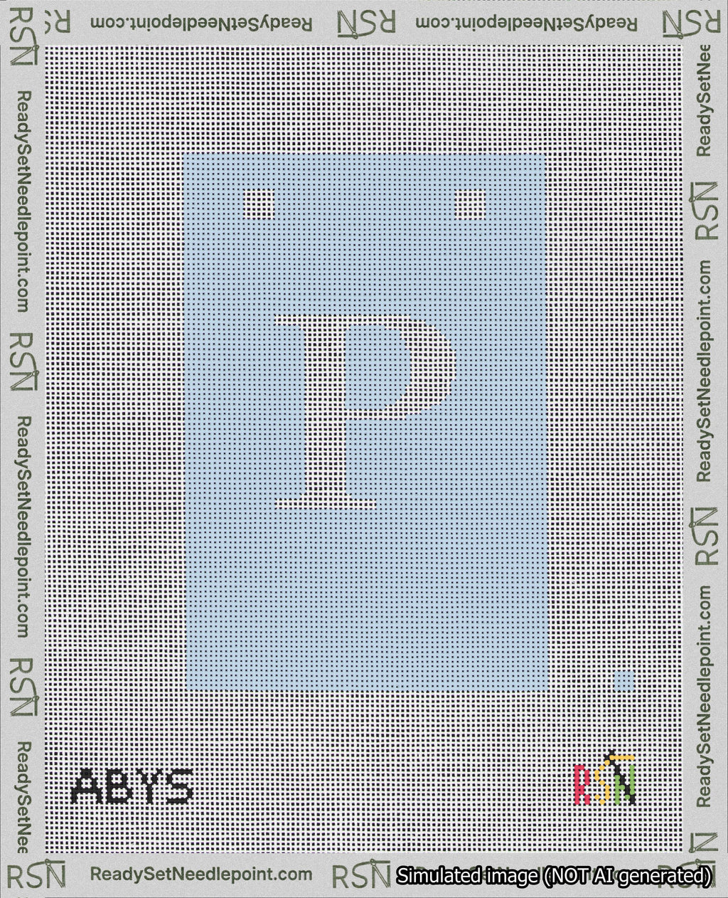A taped needlepoint canvas with the design: Banner 18 mesh count Squared P White on Light Blue.