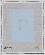 A taped needlepoint canvas with the design: Banner 18 mesh count Squared P White on Light Blue.