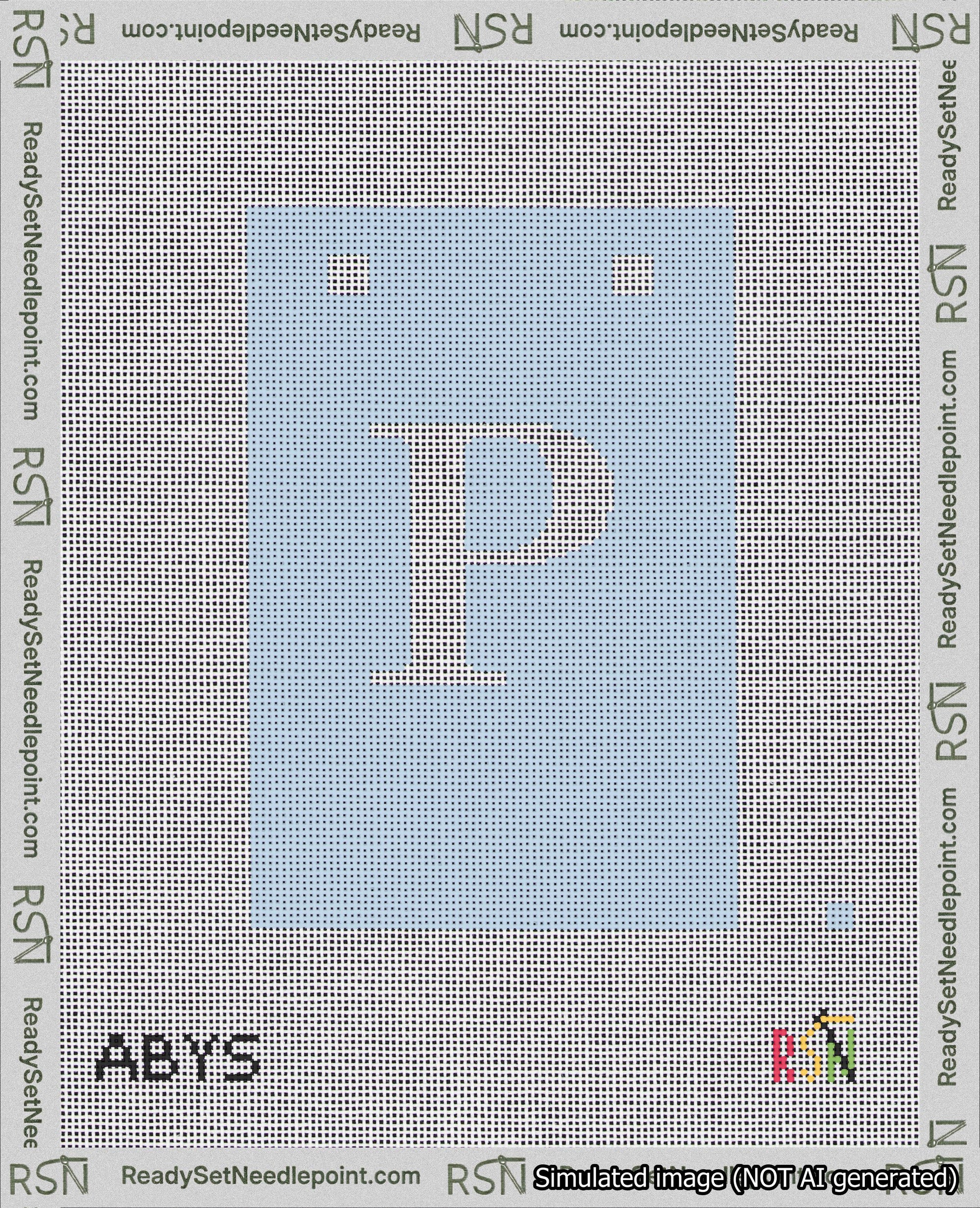 A taped needlepoint canvas with the design: Banner 18 mesh count Squared P White on Light Blue.