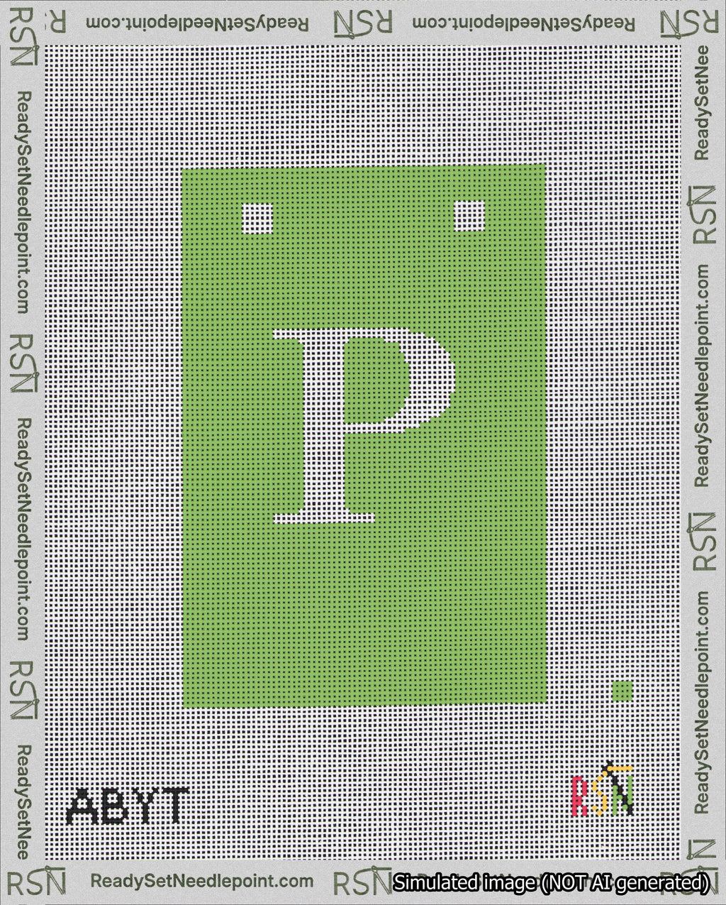 A taped needlepoint canvas with the design: Banner 18 mesh count Squared P White on Light Green.