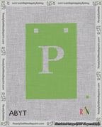 A taped needlepoint canvas with the design: Banner 18 mesh count Squared P White on Light Green.