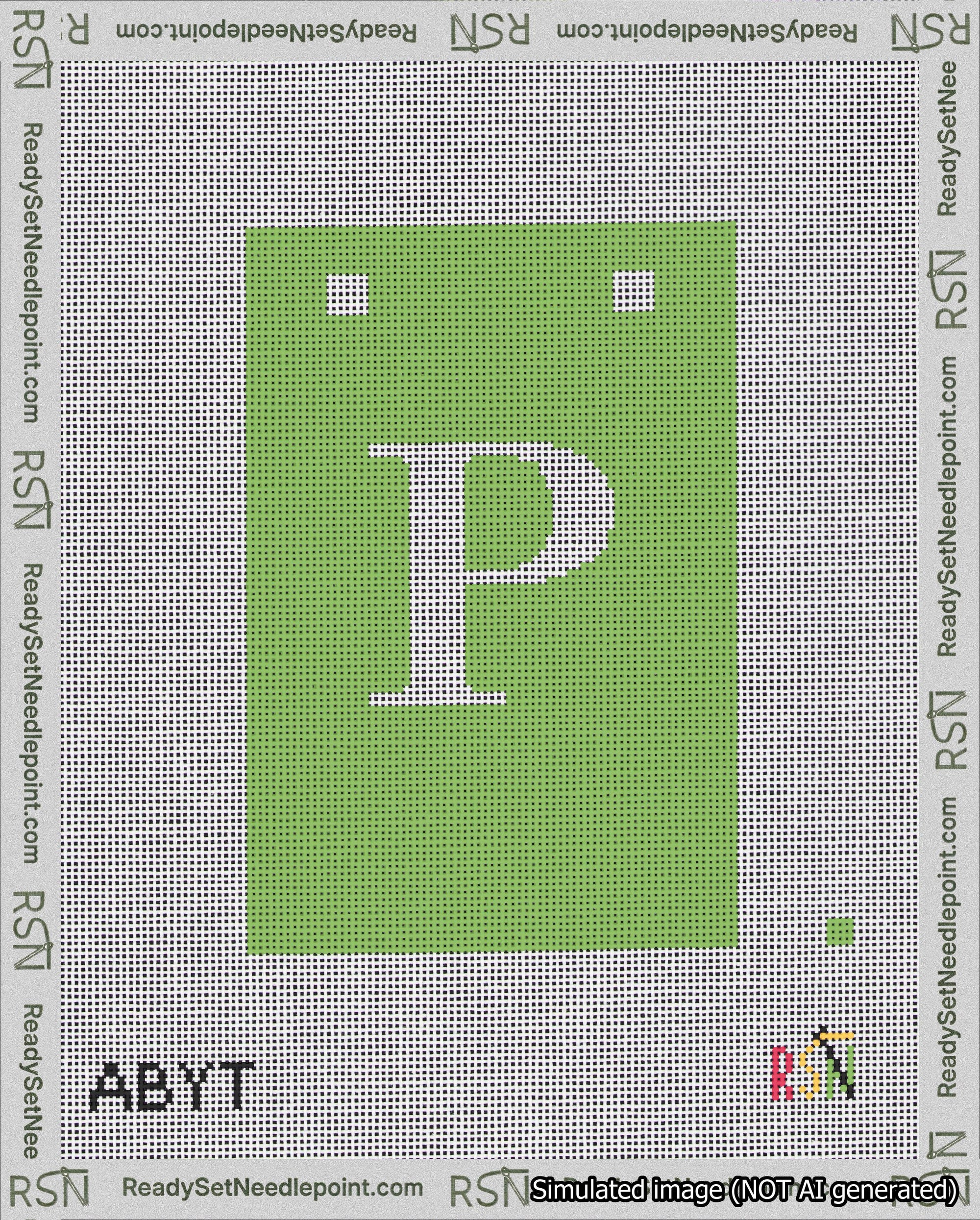 A taped needlepoint canvas with the design: Banner 18 mesh count Squared P White on Light Green.