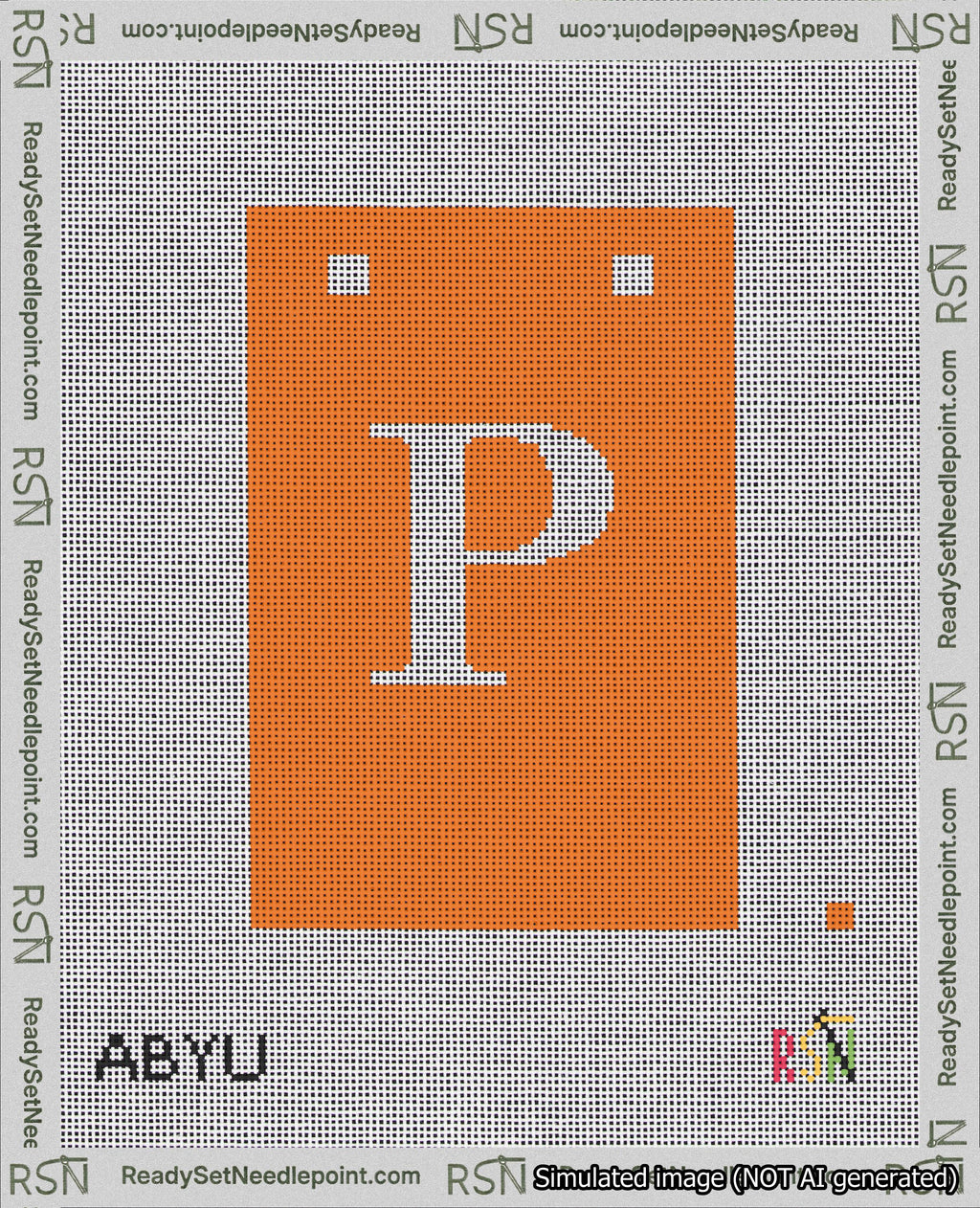 A taped needlepoint canvas with the design: Banner 18 mesh count Squared P White on Orange.