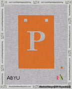 A taped needlepoint canvas with the design: Banner 18 mesh count Squared P White on Orange.
