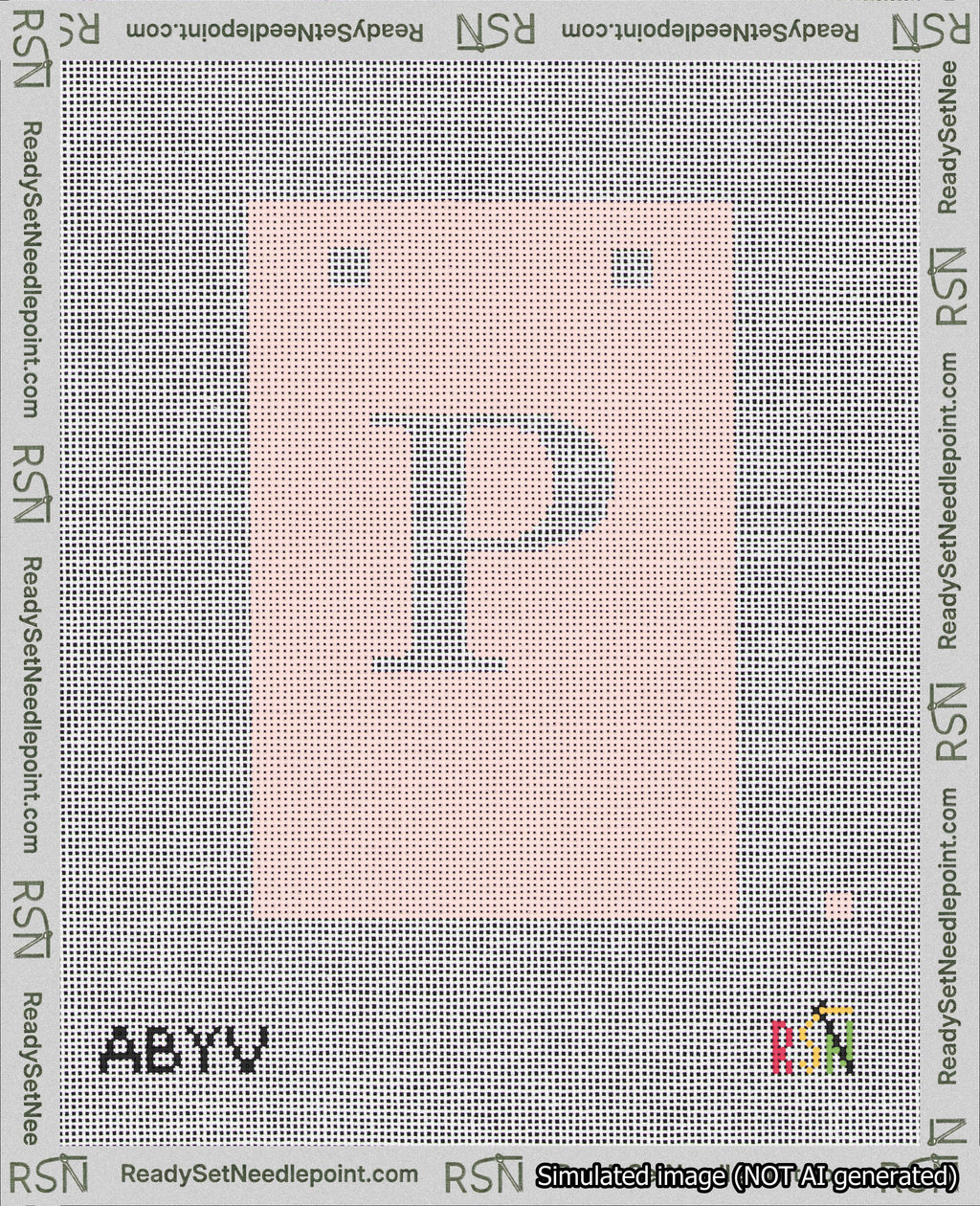 A taped needlepoint canvas with the design: Banner 18 mesh count Squared P White on Pink.