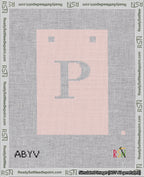 A taped needlepoint canvas with the design: Banner 18 mesh count Squared P White on Pink.