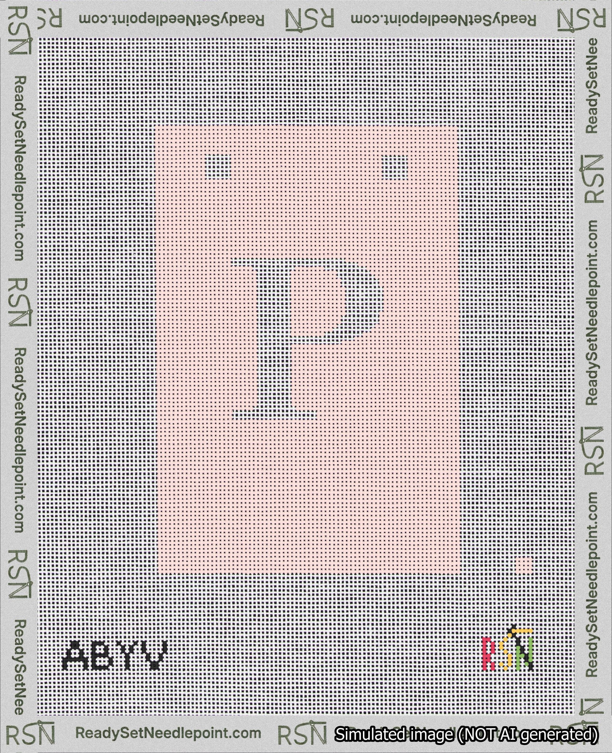 A taped needlepoint canvas with the design: Banner 18 mesh count Squared P White on Pink.