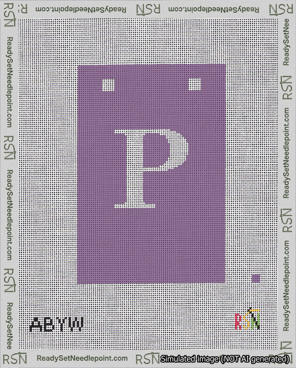 A taped needlepoint canvas with the design: Banner 18 mesh count Squared P White on Purple.