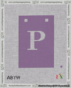 A taped needlepoint canvas with the design: Banner 18 mesh count Squared P White on Purple.