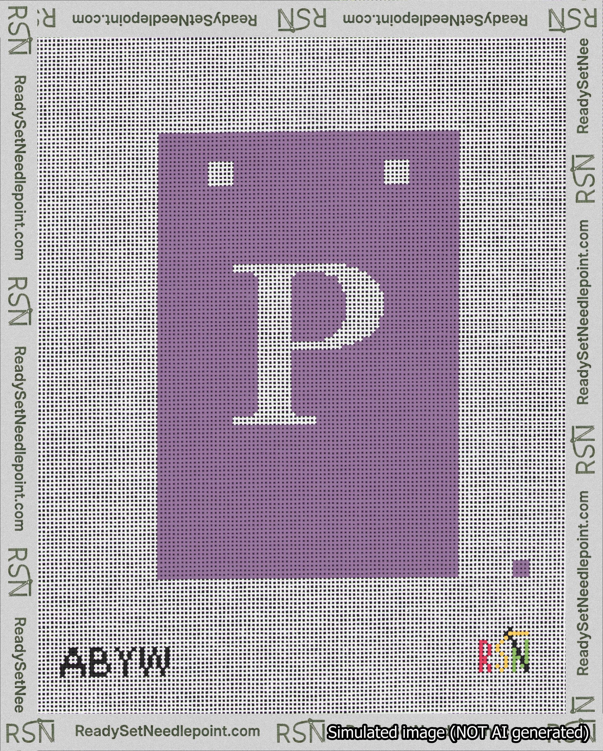 A taped needlepoint canvas with the design: Banner 18 mesh count Squared P White on Purple.