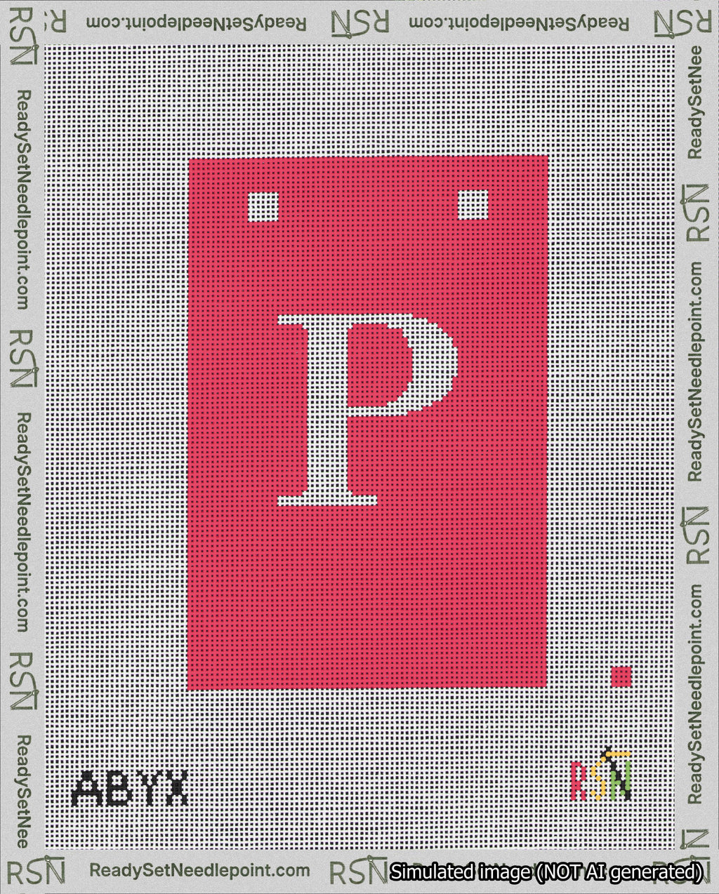 A taped needlepoint canvas with the design: Banner 18 mesh count Squared P White on Red.