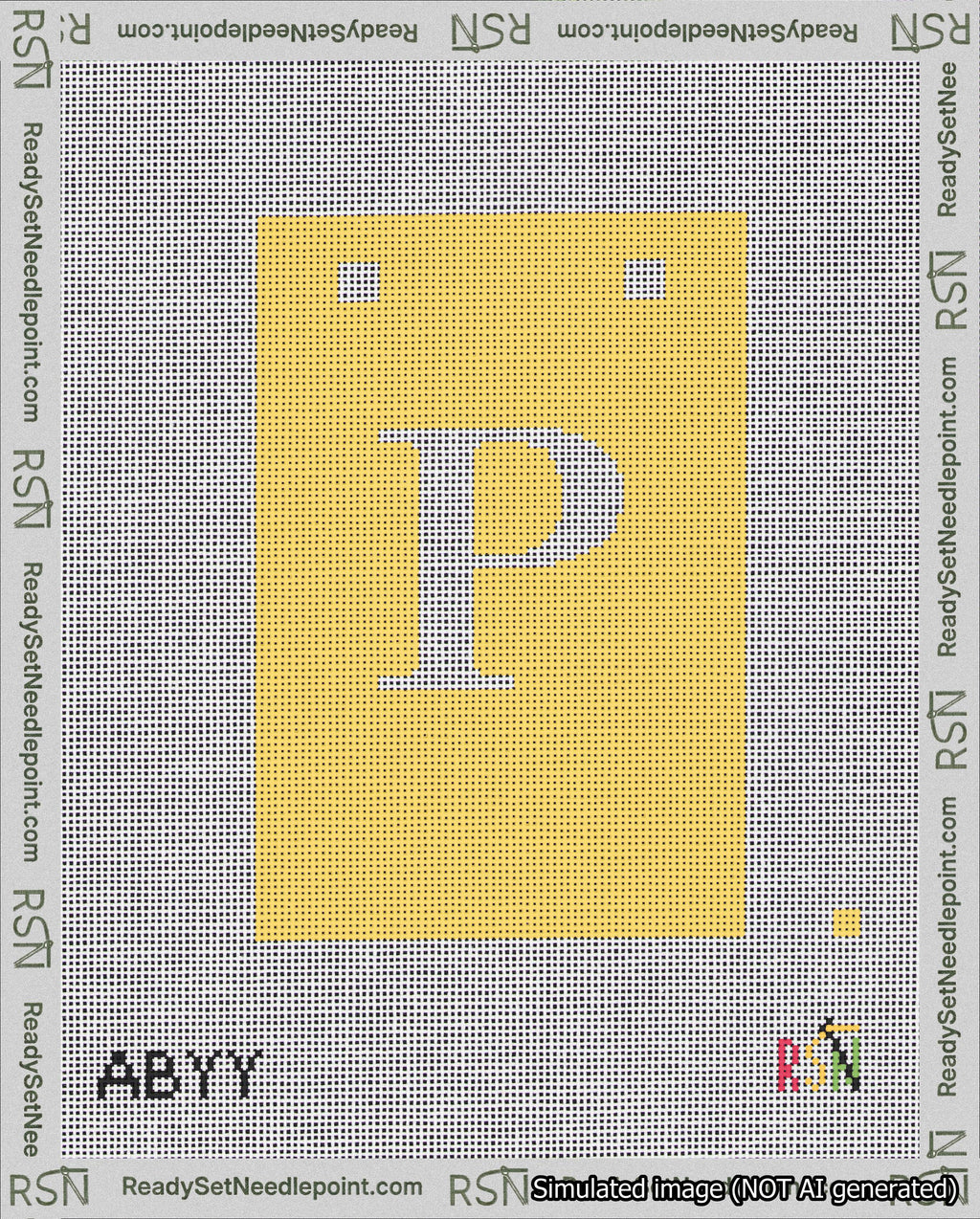 A taped needlepoint canvas with the design: Banner 18 mesh count Squared P White on Yellow.