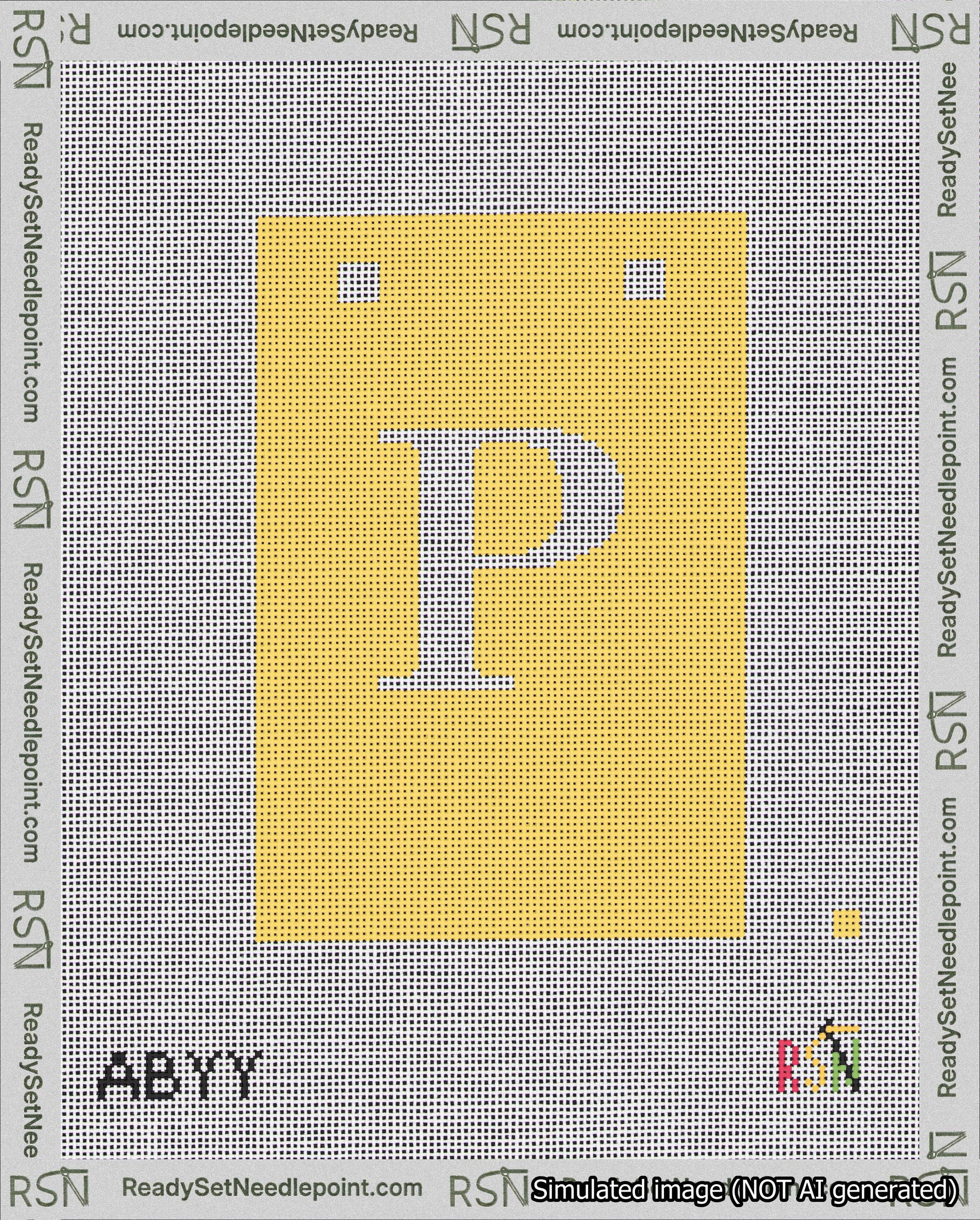 A taped needlepoint canvas with the design: Banner 18 mesh count Squared P White on Yellow.