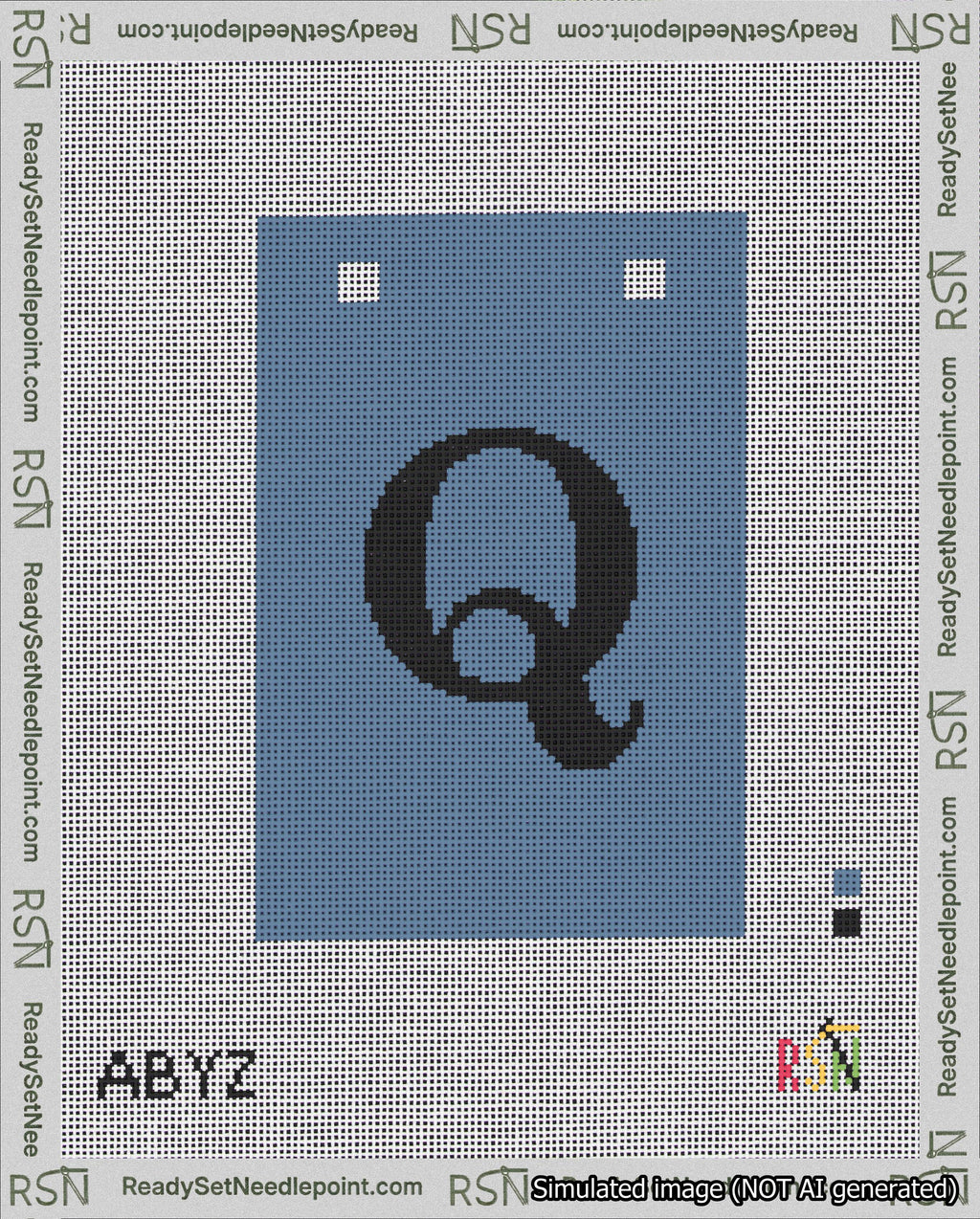 A taped needlepoint canvas with the design: Banner 18 mesh count Squared Q Black on Blue.