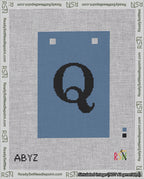 A taped needlepoint canvas with the design: Banner 18 mesh count Squared Q Black on Blue.
