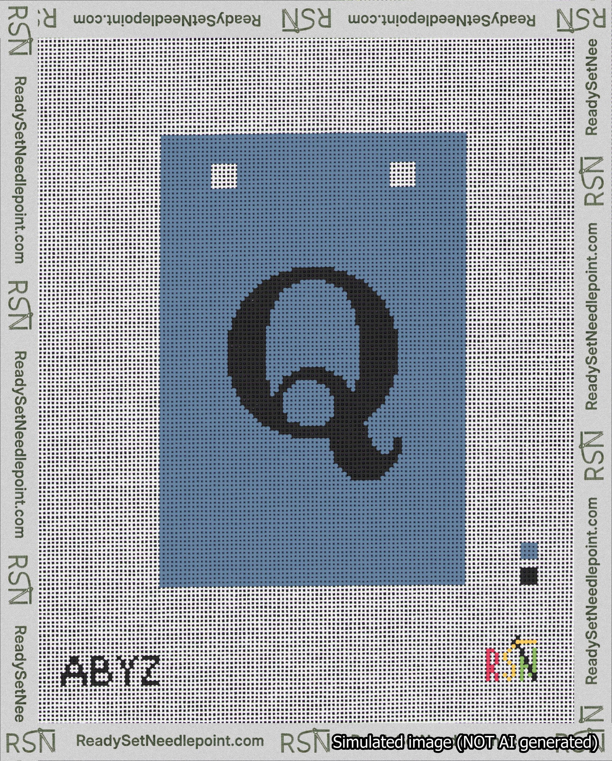 A taped needlepoint canvas with the design: Banner 18 mesh count Squared Q Black on Blue.