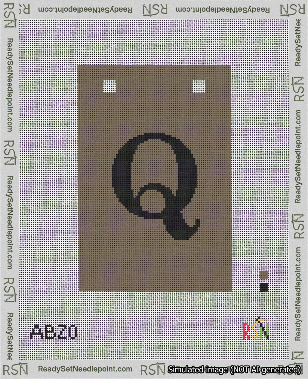 A taped needlepoint canvas with the design: Banner 18 mesh count Squared Q Black on Brown.