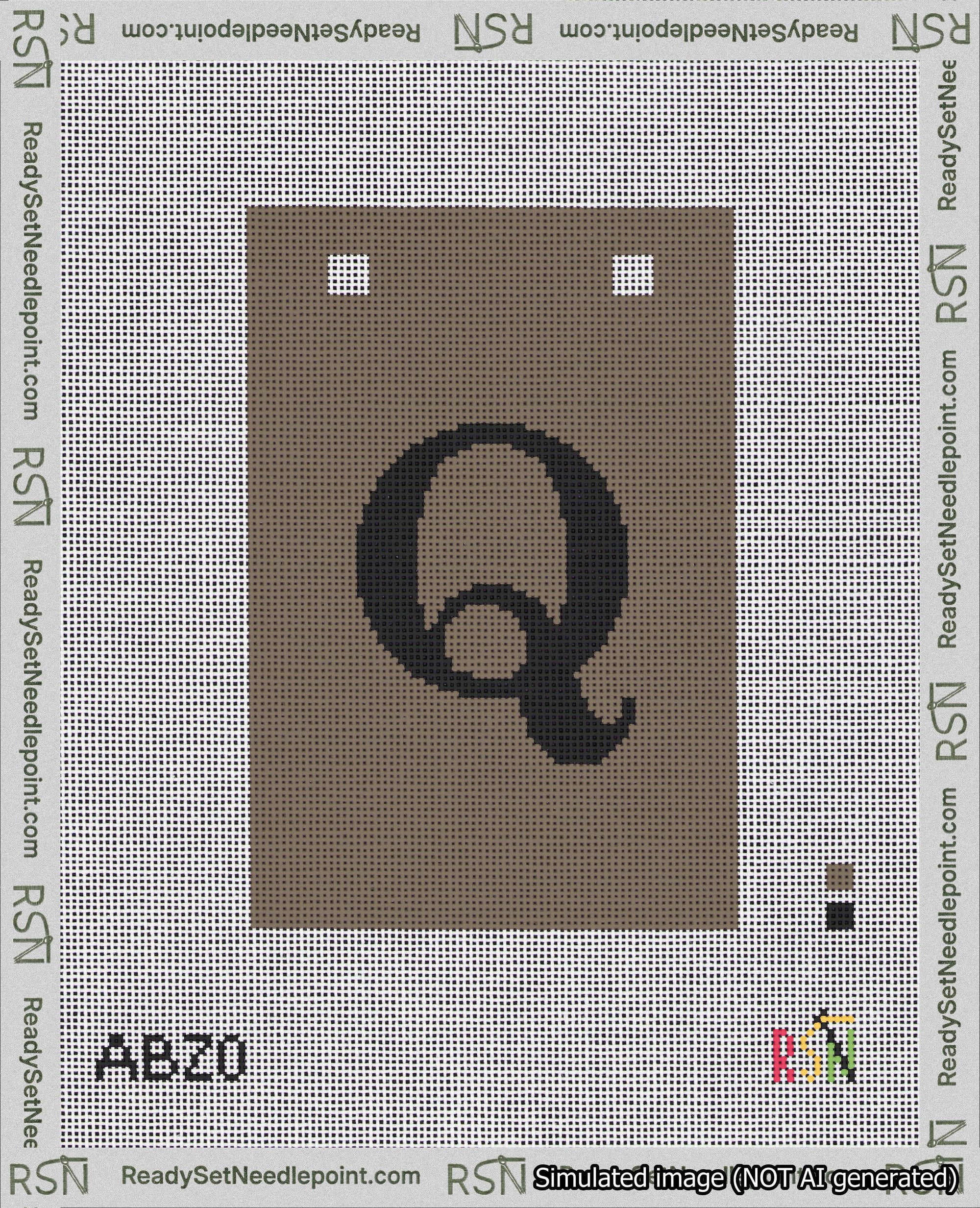 A taped needlepoint canvas with the design: Banner 18 mesh count Squared Q Black on Brown.
